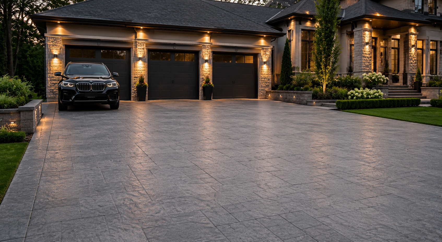 Stamped concrete driveway with grey finish at luxury home in Mississauga GTA