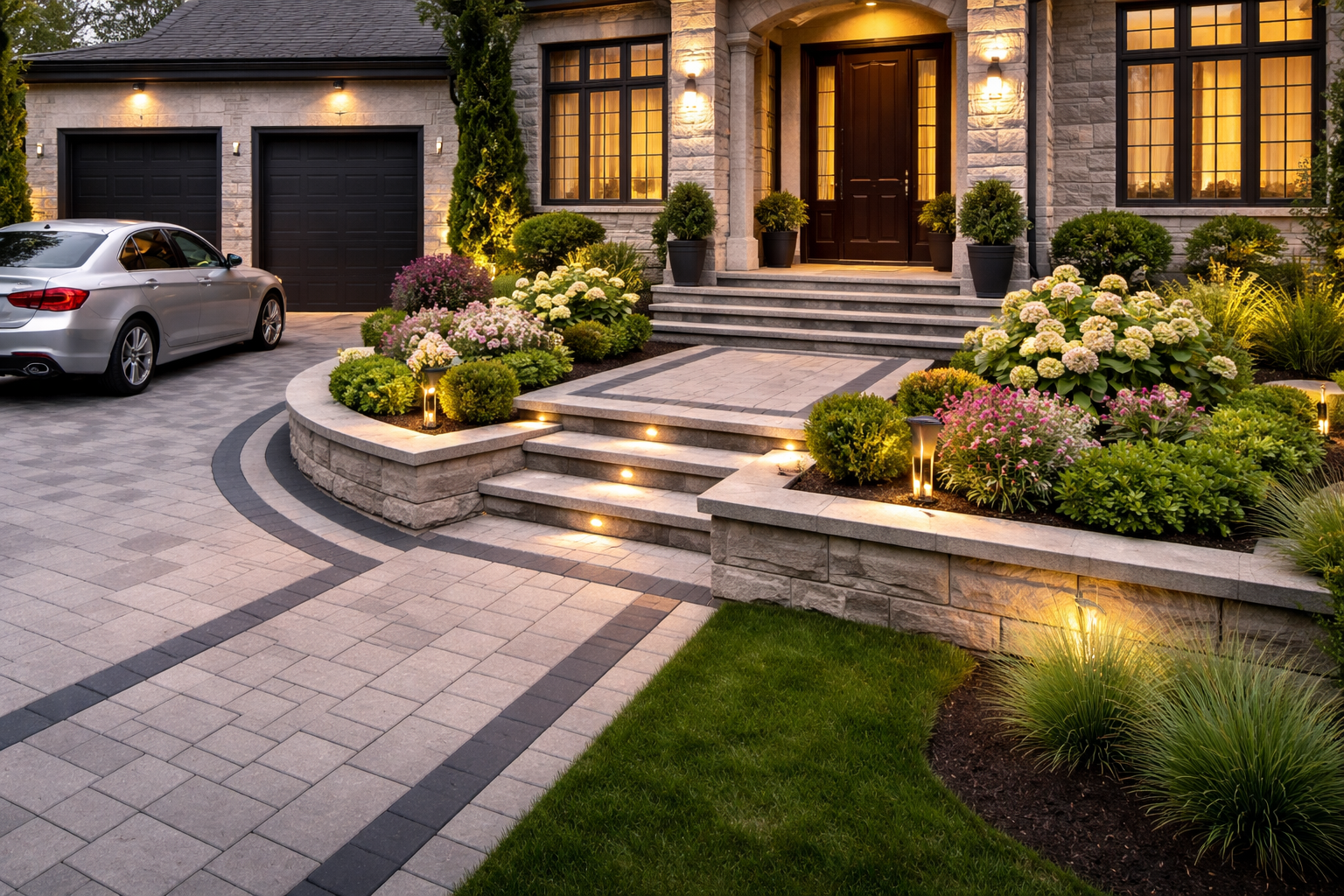 Luxury interlock driveway and walkway with outdoor lighting in GTA front entrance