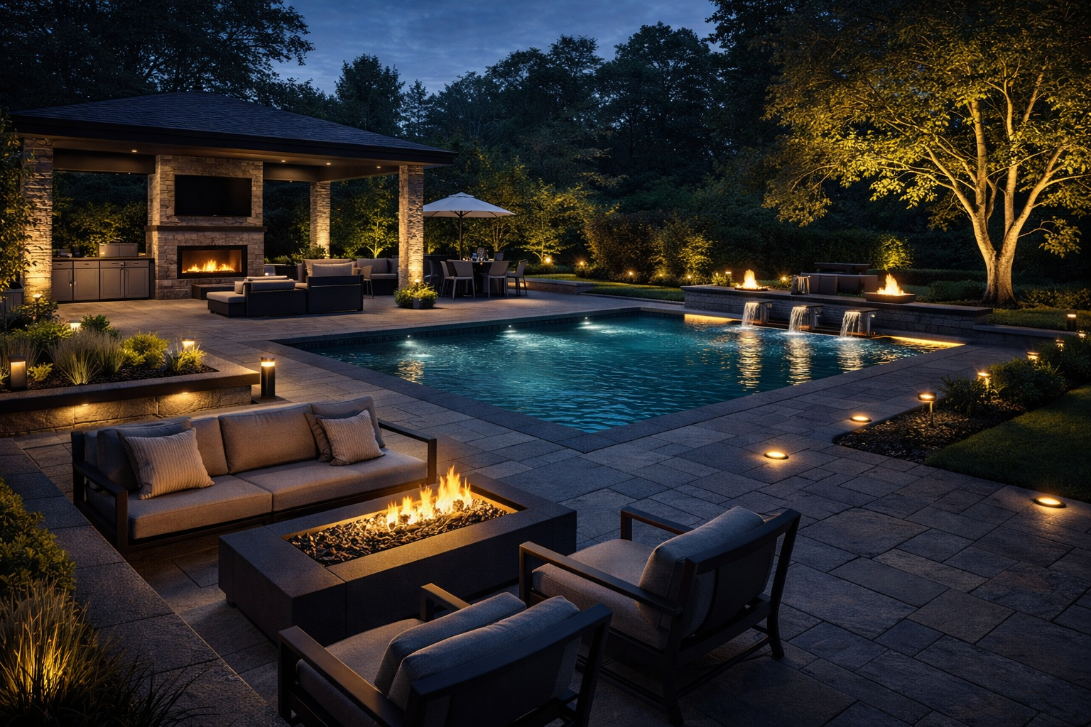 Backyard interlock patio with firepit and pool landscaping in GTA