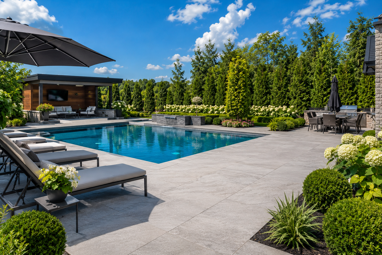 Porcelain paver backyard patio with large format tiles in GTA landscape