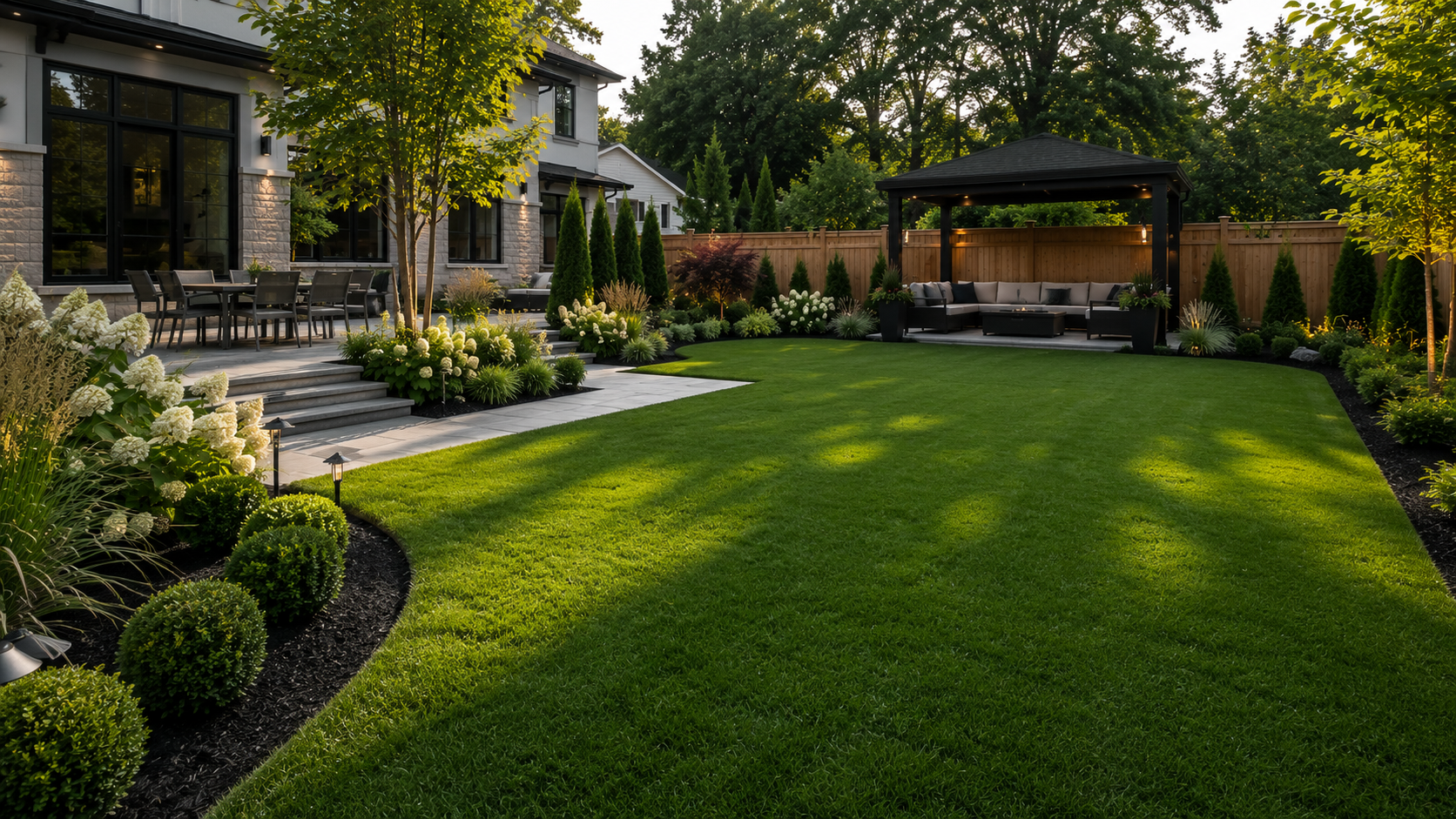 Backyard lawn with garden beds, planting, and clean edging in GTA residential landscape